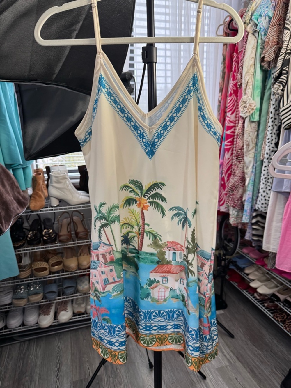 SHEIN Multicolor Tropical Print Mini Dress with Blue and Orange Trim